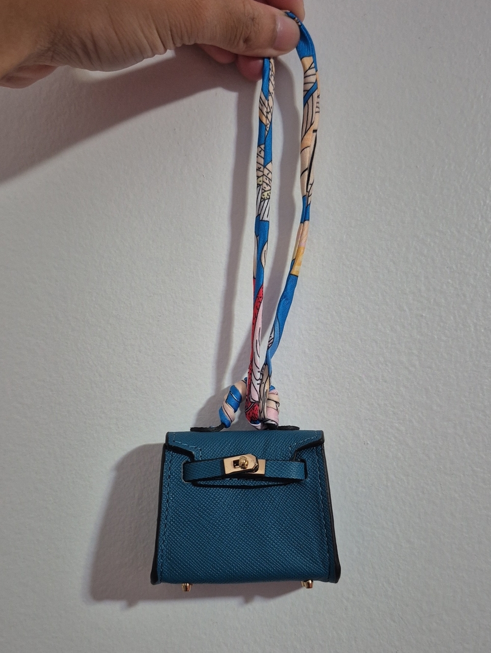 Mini Ocean Blue Bag Charm Keychain with Light Gold Hardware and Twilly
